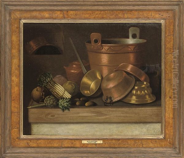 Asparagus, Cabbage, Artichoke And Pots On A Table Oil Painting by E.K. Lautter