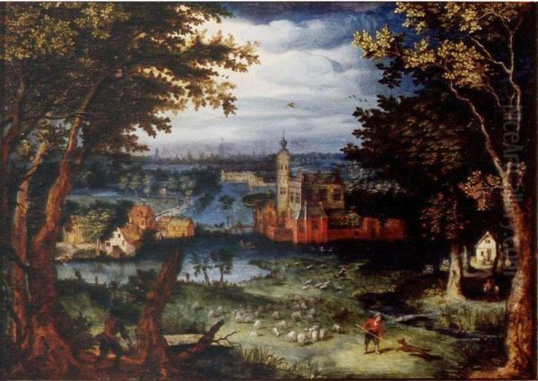 A Wooded River Landscape With A Manor House By A Village, A City Beyond Oil Painting by Balthasar Lauwers