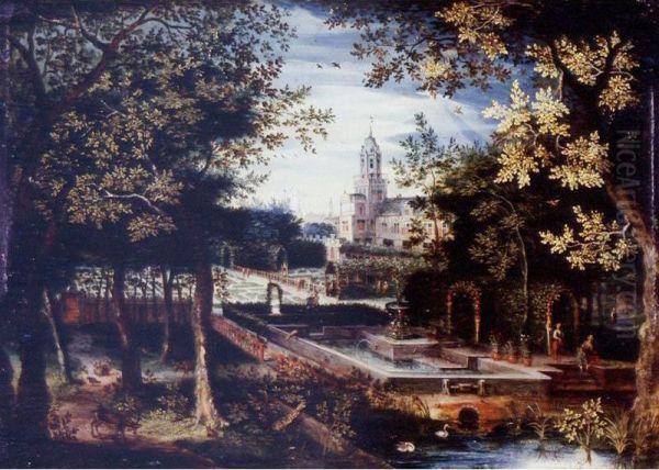 Wooded Landscape With Animals And Huntsmen, A Manorhouse And Gardens Beyond Oil Painting by Balthasar Lauwers