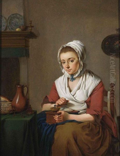 A Maid Grinding Coffee Oil Painting by Jacobus Johannes Lauwers