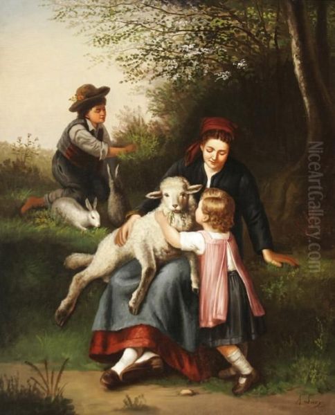 Family With Friends Of Nature Oil Painting by August Laux