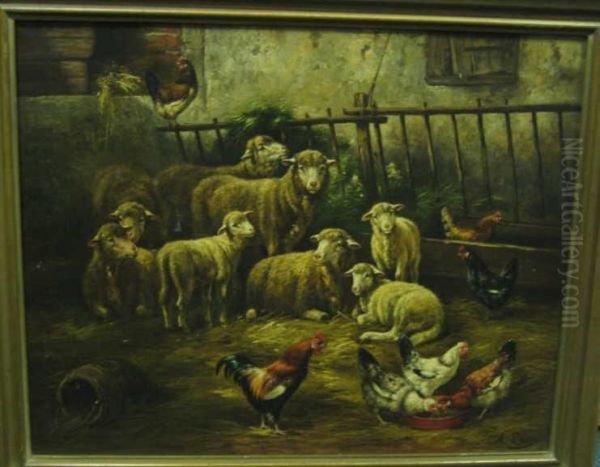 Barnyard Scene With Sheep And Chickens Oil Painting by August Laux