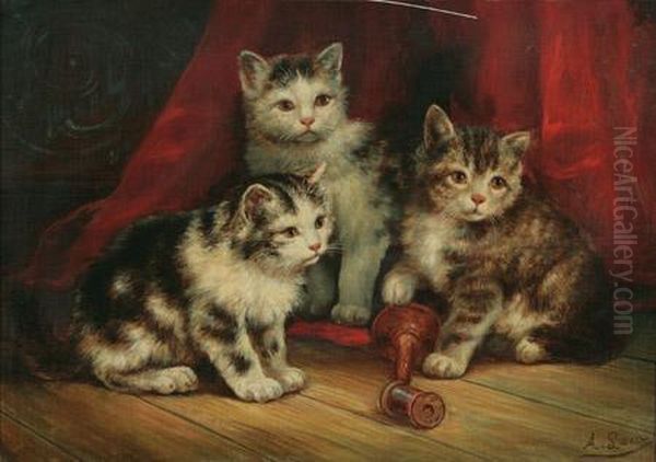 Playful Kittens Oil Painting by August Laux