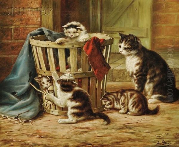 Cat And Playful Kittens Oil Painting by August Laux