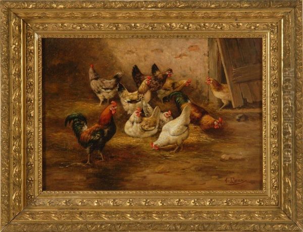 Farmyard Scene With Chickens And Roosters Oil Painting by August Laux