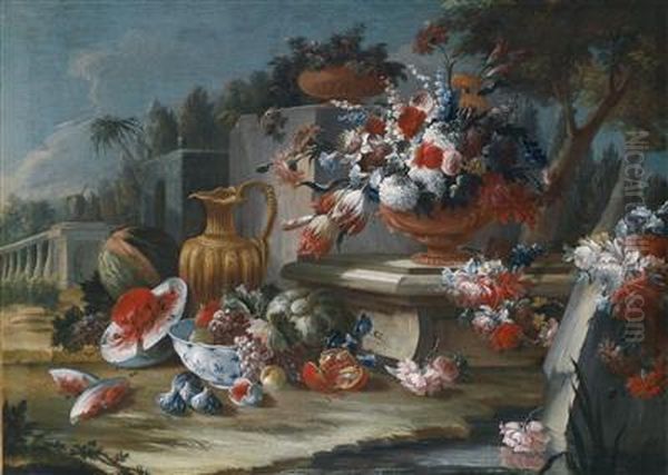 A Still Life With Flowers And Fruit In A Park Landscape Oil Painting by Giuseppe Lavagna