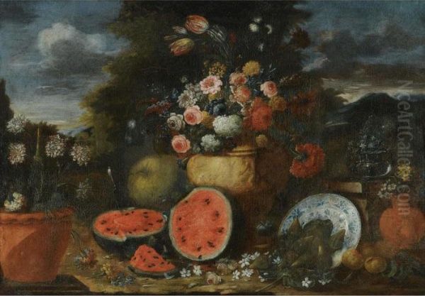 Still Life With A Large Arrangement Of Flowers In A Carved Stone Urn, With Open Watermelons, Figs And Earthenware Pots On The Garden Floor Beneath Oil Painting by Giuseppe Lavagna