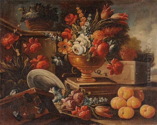 Natura Morta Con Vasi Di Fiori, 
Pesche E Piatto Oil Painting by Giuseppe Lavagna