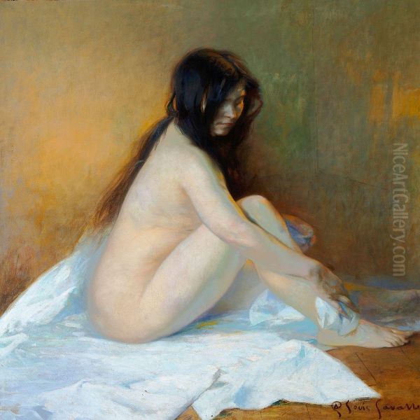 A Sitting Female Nude Oil Painting by Alexandre Claude L. Lavalley