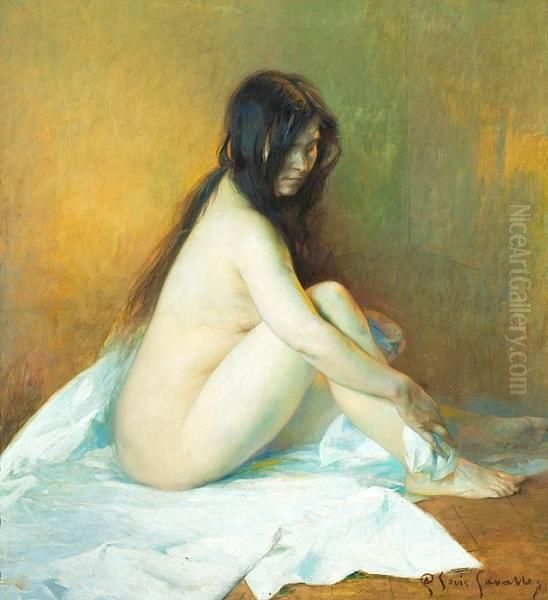 A Sitting Naked Woman Oil Painting by Alexandre Claude L. Lavalley