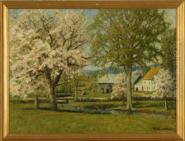 New England Farm With Cherry Blossoms Oil Painting by William Lavalley