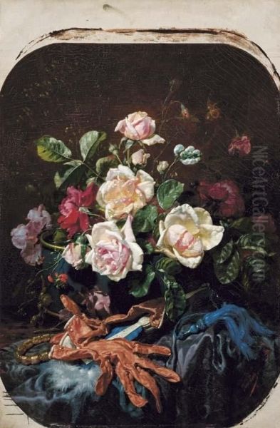 Vaso di Rose Con Guanti E Ventaglio Oil Painting by Jules Marie Lavee