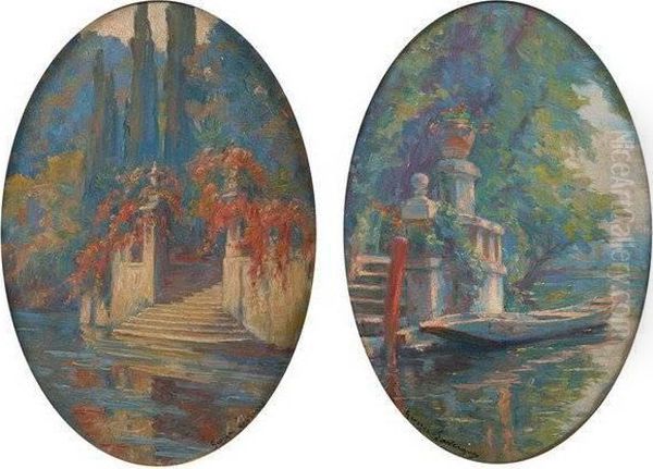 Stone River Steps: Two Works Oil Painting by Georges Aug. Elie Lavergne