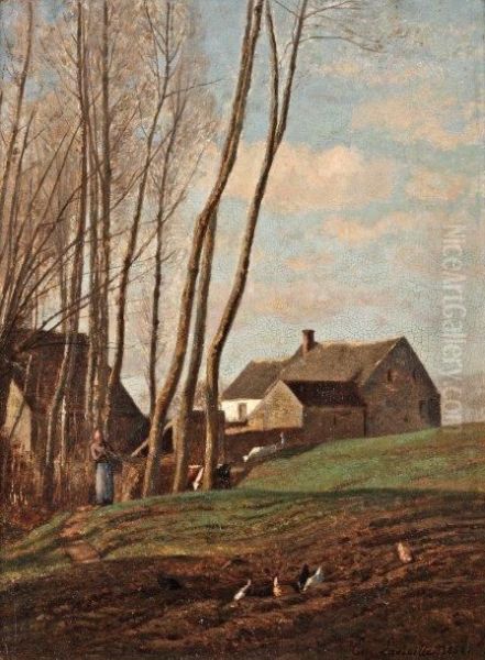 Les Grands Arbres Pres De La Ferme Oil Painting by Eugene Antoine Samuel Lavieille