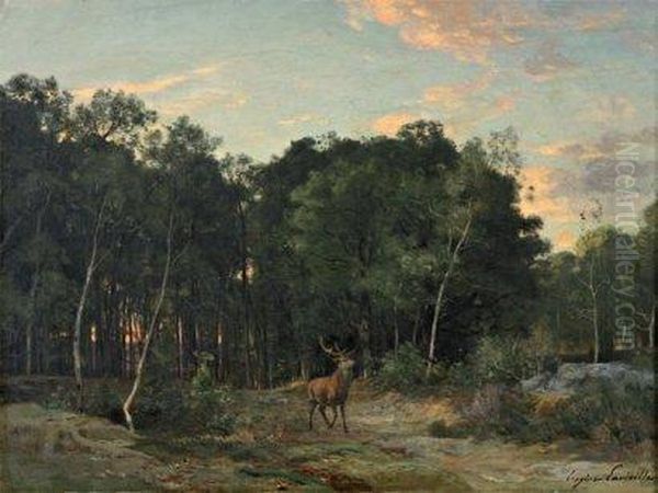 Futaie De La Plaine Du Rosoir,fontainebleau, Le Soir Oil Painting by Eugene Antoine Samuel Lavieille