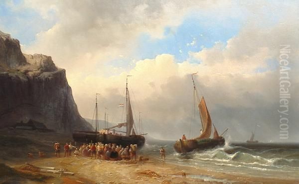 Fishing Boats Off A Coast With Fisherfolk Gathered On A Beach And Inscribed 'la Vigne Paris' (lower Left) Oil Painting by Emile Joseph Lavigne