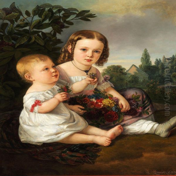 Two Little Sisters In The Garden Oil Painting by Joseph Lavos