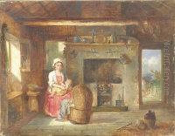 Mother And Child In A Cottage Interior Oil Painting by Thomas, Tom Lawrance