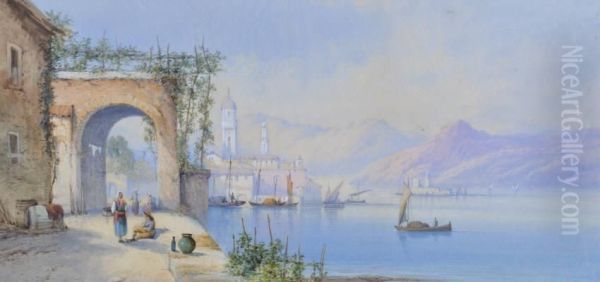 Buildings On The Banks Of Lake Como Oil Painting by Sydney Lawrence