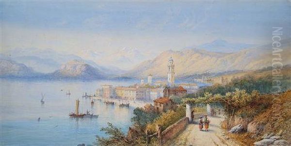 An Italian Mountainous Coastal Town With Figures On A Track Oil Painting by Sydney Lawrence