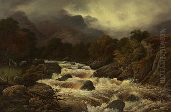 Spate On A Highland River Oil Painting by C S Lawson