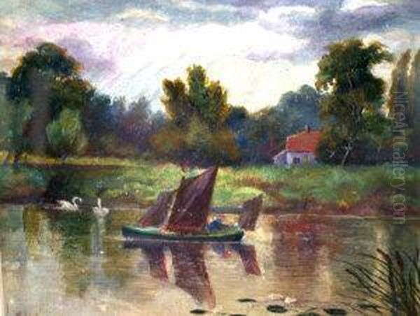 River Scene With A Barge And Swans Oil Painting by Cecil Gordon Lawson