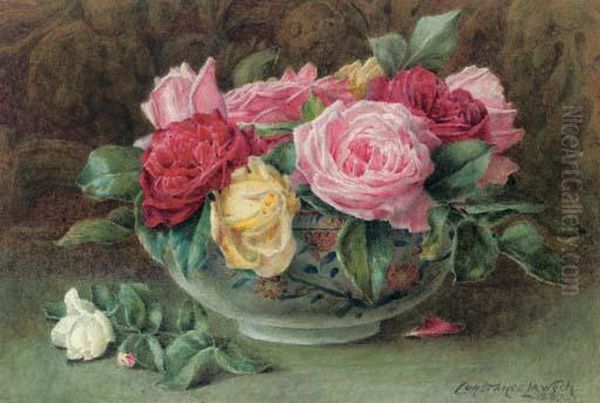 Still Life With A Bowl Of Pink, Yellow And Red Roses Oil Painting by Constance Lawson