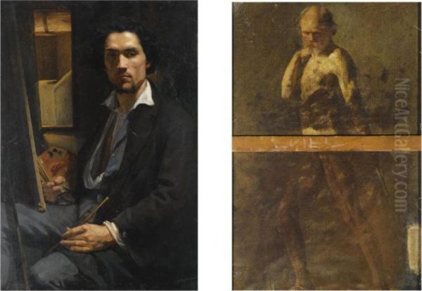 The Artist In His Studio (recto); A Study Of A Full Lenght Male Nude Oil Painting by Joseph Fortune Layraud