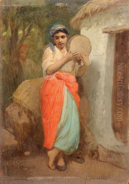 Joueuse De Tambourin Espionnee Oil Painting by Jean Raymond Hippolyte Lazerges