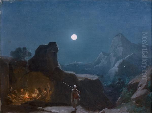 Campement Au Clair De Lune Dans La Campagne Algerienne by Jean Raymond Hippolyte Lazerges