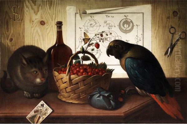 Stilleben Mit Katze Und Papagei Oil Painting by Sebastiano Lazzari