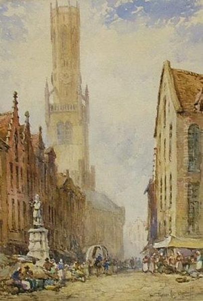 Market Scene In Bruges Oil Painting by Pierre Le Boueff