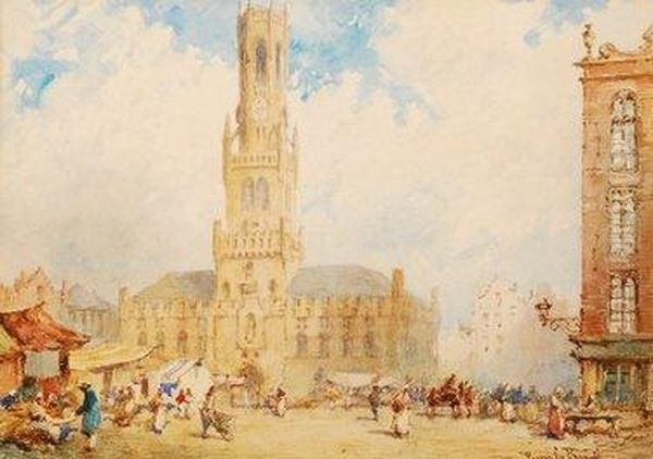 Market Scene With Cathedral In The Background Oil Painting by Pierre Le Boueff