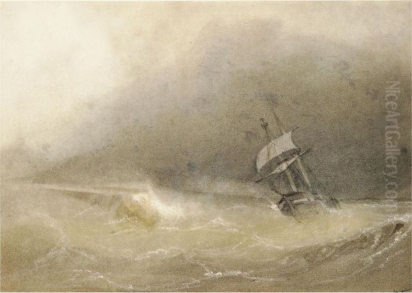 A Brig Reefed-down In Heavy Seas Oil Painting by John Le Capelain