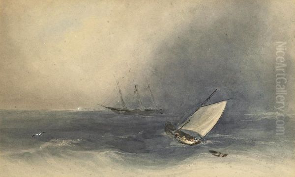 A Merchantman And Fishing Boat In A Squall Off Jersey by John Le Capelain