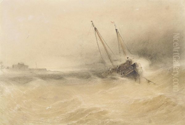 Fishing Boats At Anchor And Weathering The Storm Oil Painting by John Le Capelain