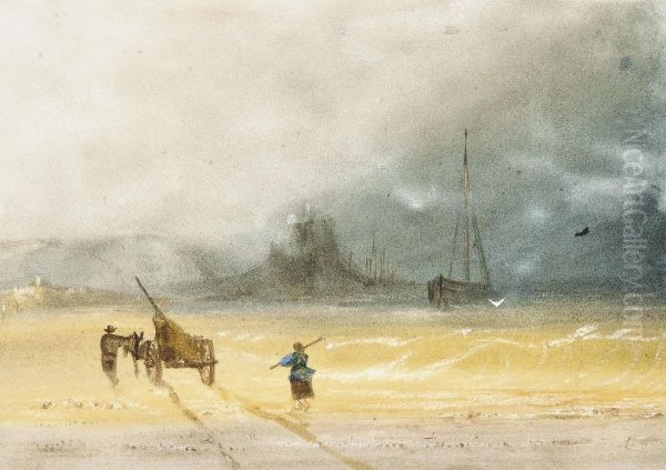 Seaweed Gatherers On The Beach Before Gorey Castle, Jersey Oil Painting by John Le Capelain