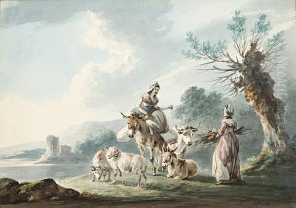 Two Women, Donkeys, A Cow And Sheep In A Landscape Oil Painting by Peter La Cave