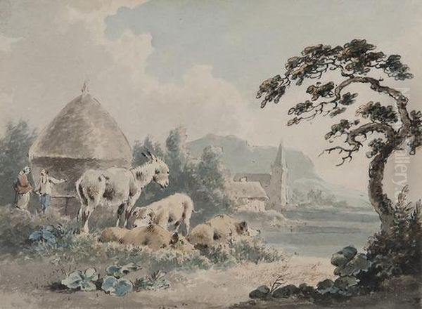 Pigs And Donkey By A Haystack Oil Painting by Peter La Cave