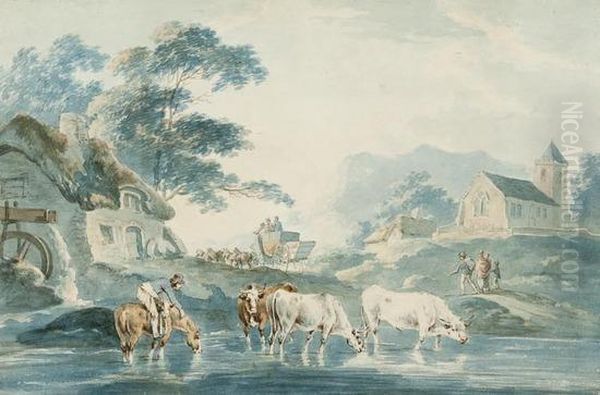 Cattle In A Stream With Watermill, Coach And Horses, Church And Cottages Beyond Oil Painting by Peter La Cave