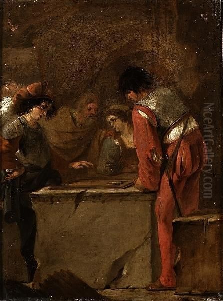 Two Young Men Playing Tric-trac On A Stone Ledge, A Lady And A Bearded Man Looking On Oil Painting by Jean Le Clerc