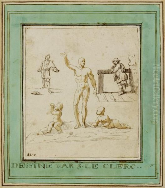 Study Sheet With Two Men Standing And With Putti Oil Painting by Sebastien Le Clerc