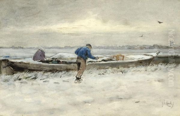 A Farmer And His Flatboat In A Winter Landscape Oil Painting by Adolf Le Comte