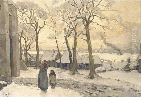 A Winter Landscape Possibly Near Dordrecht Oil Painting by Adolf Le Comte