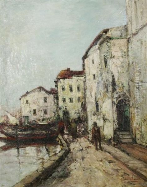 Impressionist Dock And Street Scene Oil Painting by John Le Conte