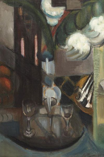 A Still Life With A Carafe And Glasses Oil Painting by Henri Le Fauconnier