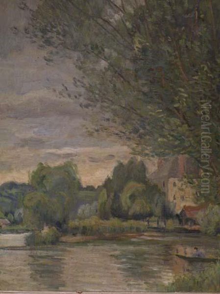 Paysage Et Fille A La Barque Oil Painting by Georges Le Meilleur