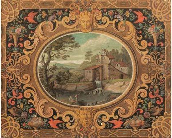 Paysage Au Moulin A Eau Dans Un Decor De Grotesques Et De Fruits Dans Le Gout De Berain Oil Painting by Etienne Le Monnier