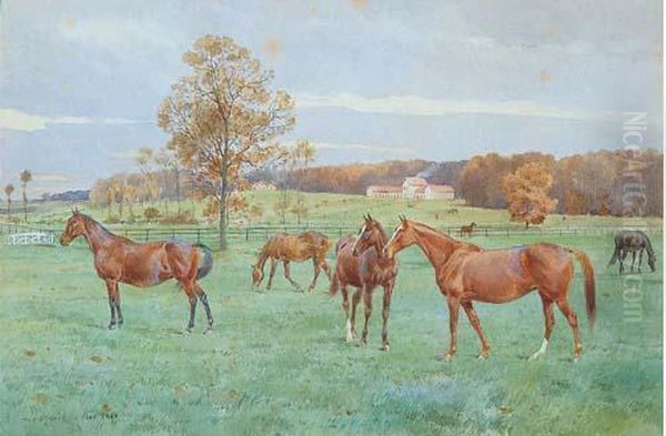 Chevaux Dans Une Prairie Oil Painting by Marie Joseph Ernest Le Nail