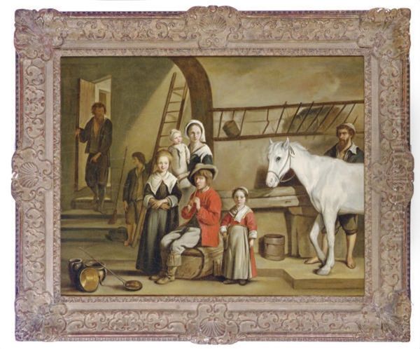 A Family With A Horse In A Stable Oil Painting by Mathieu Le Nain